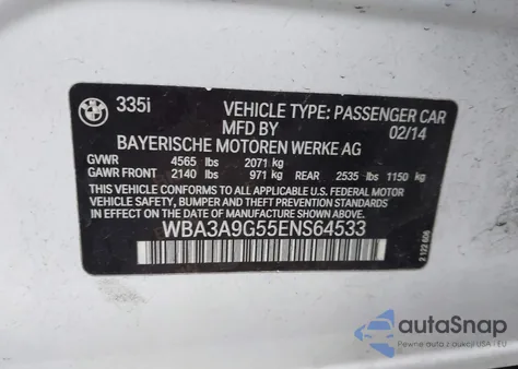 2014 BMW 335I from USA, damaged, VIN WBA3A9G55ENS64533